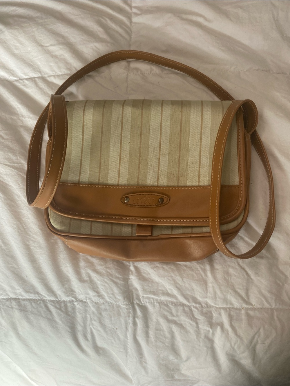chic Striped Cream and Tan Shoulder Bag
